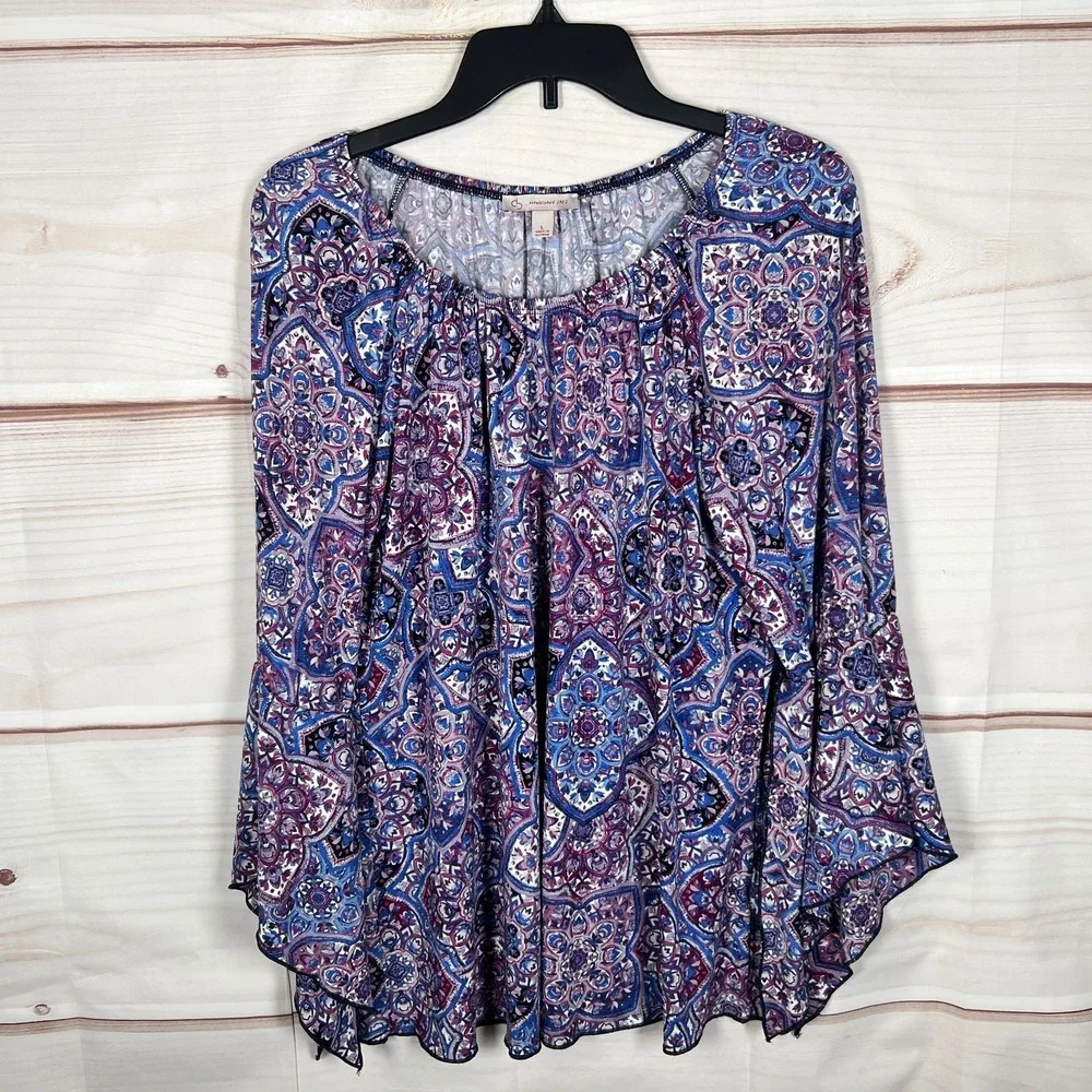 Dressbarn Top Womens Large Purple Paisley Blouse Bell Sleeve Knit Elastic Neck